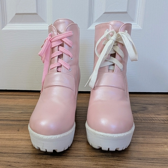 Pastel Pink Ankle Platform Boots Kreeper Lug Kawaii Style - Picture 3 of 6